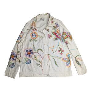 Vtg Y2K Draper's & Damon's White Colorful Floral Embroidered Light Jean Jacket M